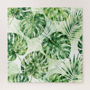 Watercolor Tropical Monstera Palm Leaves Pattern Jigsaw Puzzle
