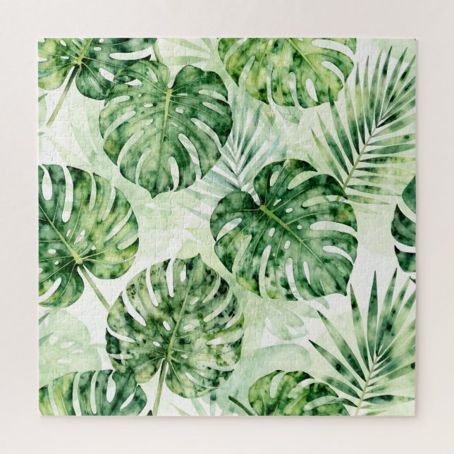 Watercolor Tropical Monstera Palm Leaves Pattern Jigsaw Puzzle (Vertical)