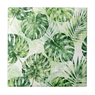 Watercolor Tropical Monstera Palm Leaves Pattern Tile