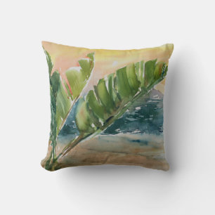 Watercolor Tropical Ocean Palm Trees Leaves Cushion