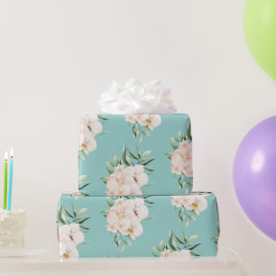 Watercolor Tropical Orchids and Palm on Teal Wrapping Paper
