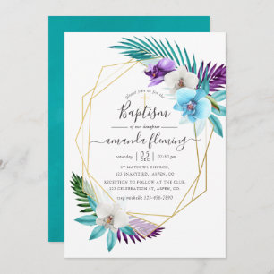 Watercolor Tropical Orchids Geometric Baptism Invitation