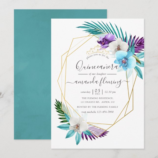 Watercolor Tropical Orchids Geometric Quinceañera Invitation (Front/Back)