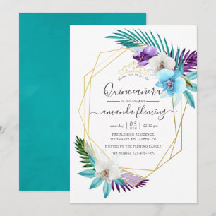 Watercolor Tropical Orchids Geometric Quinceañera Invitation
