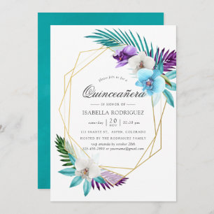 Watercolor Tropical Orchids Geometric Quinceañera Invitation