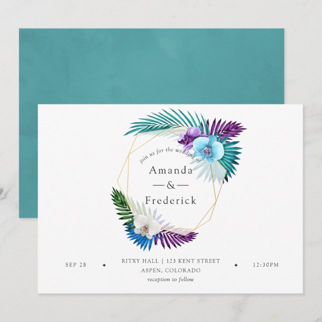 Watercolor Tropical Orchids Geometric Wedding Invitation (Front/Back)