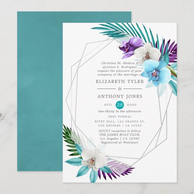 Watercolor Tropical Orchids Geometric Wedding Invitation (Front/Back)