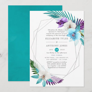Watercolor Tropical Orchids Geometric Wedding Invitation