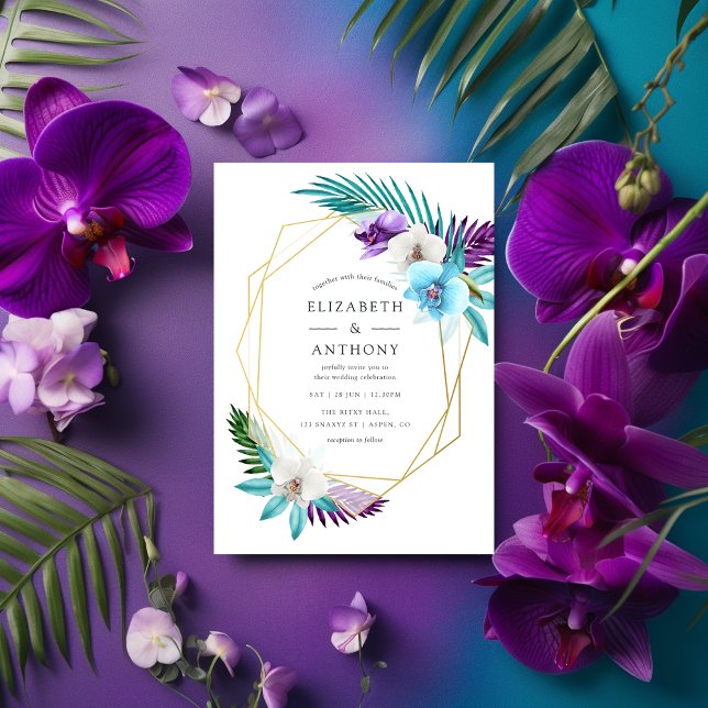 Watercolor Tropical Orchids Geometric Wedding Invitation (Creator Uploaded)