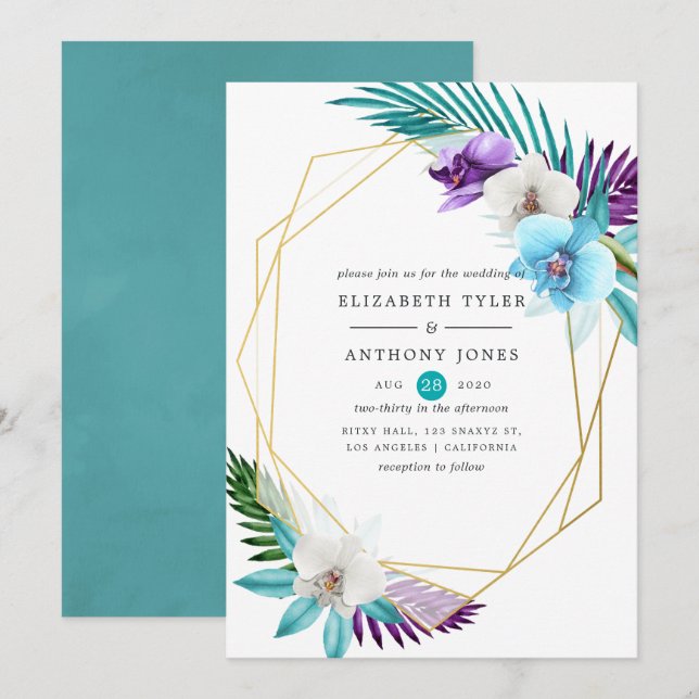Watercolor Tropical Orchids Geometric Wedding Invitation (Front/Back)