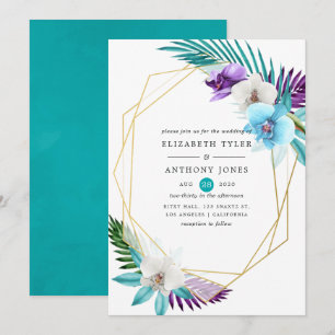 Watercolor Tropical Orchids Geometric Wedding Invitation