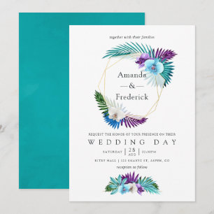 Watercolor Tropical Orchids Geometric Wedding Invitation
