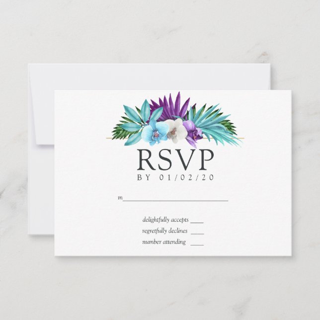 Watercolor Tropical Orchids Geometric Wedding RSVP Card (Front)