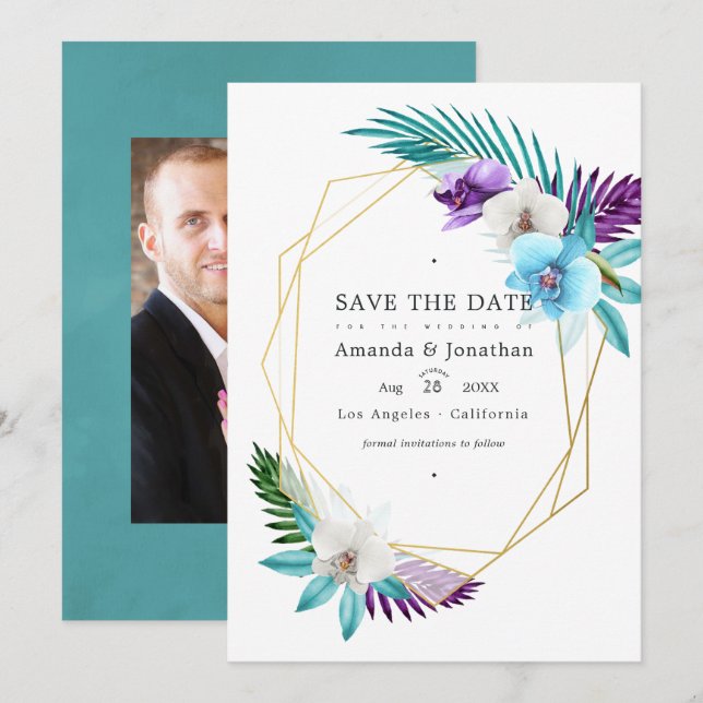 Watercolor Tropical Orchids Geometric Wedding Save The Date (Front/Back)