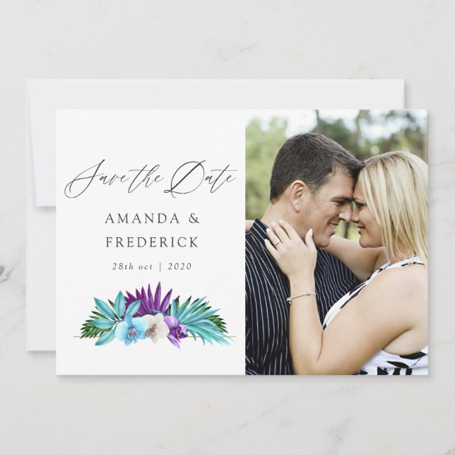 Watercolor Tropical Orchids Geometric Wedding Save The Date (Front)