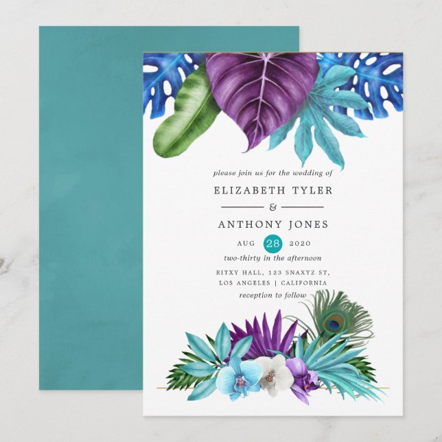 Watercolor Tropical Orchids Peacock Wedding Invitation (Front/Back)