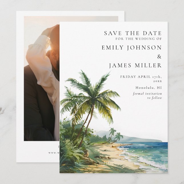 Watercolor Tropical Palm Beach Photo Wedding Save The Date (Front/Back)