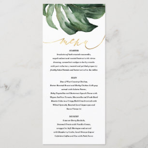 Watercolor tropical palm + gold wedding menu