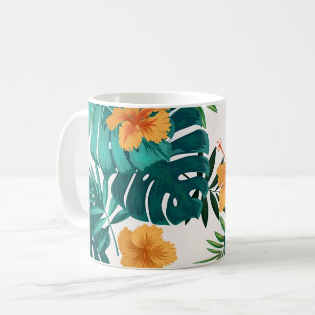 Watercolor Tropical Palm,Hawaiian Hibiskus  Coffee Mug (Front Left)