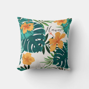 Watercolor Tropical Palm,Hawaiian Hibiskus Cushion