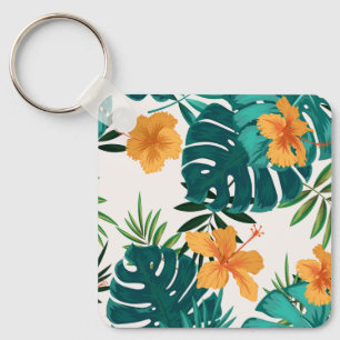 Watercolor Tropical Palm,Hawaiian Hibiskus Key Ring