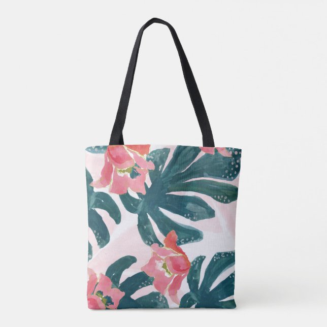 Watercolor Tropical Palm,Hawaiian Hibiskus Tote Bag (Back)