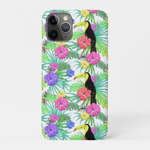 Watercolor Tropical Palm,Hawaiian Hibiskus Toucan iPhone 11 Pro Case
