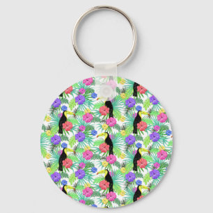 Watercolor Tropical Palm,Hawaiian Hibiskus Toucan Key Ring