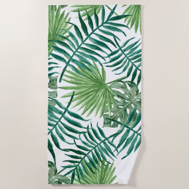 Watercolor Tropical Palm Leaf Weekend Beach Towel (Front)