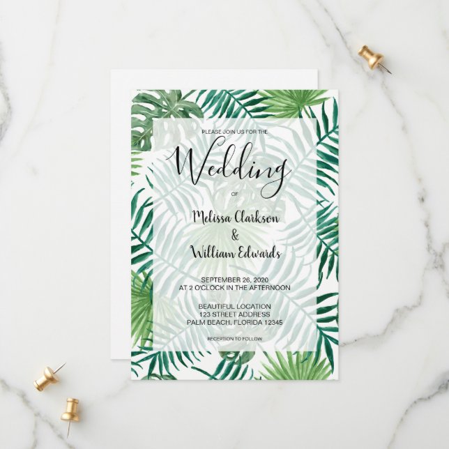Watercolor tropical palm leaves Beach wedding Save The Date (Front/Back In Situ)