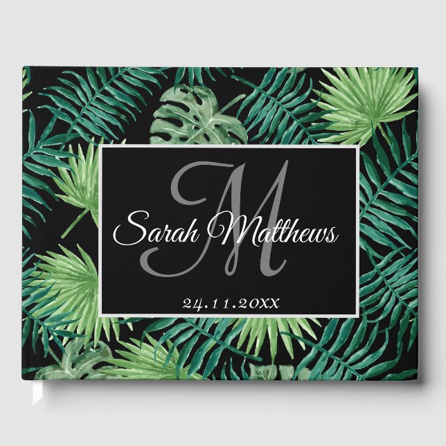 Watercolor Tropical Palm Leaves Monogram Wedding Guest Book (Front)