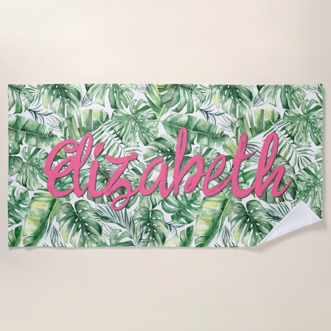 Watercolor Tropical Palm Leaves Pink Name Custom Beach Towel (Front)