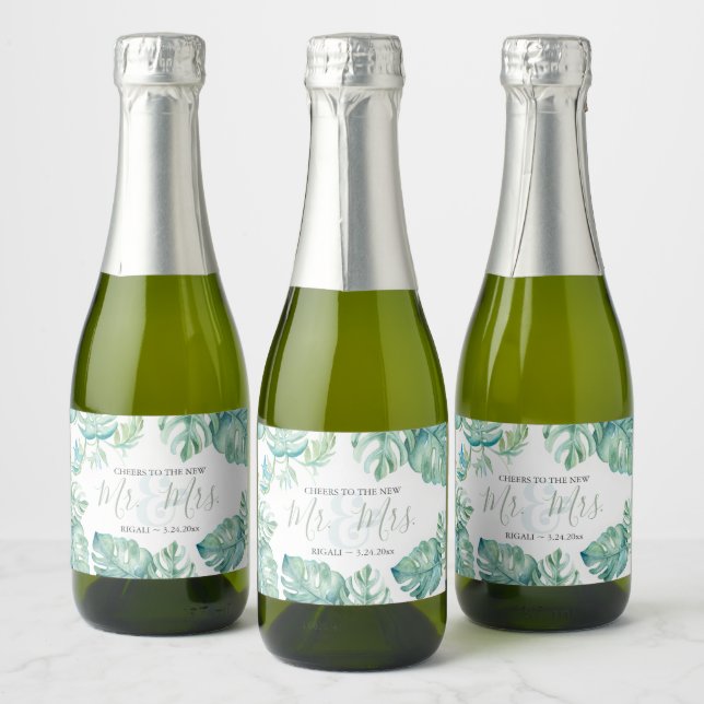 Watercolor Tropical Palm Leaves Wedding Reception Sparkling Wine Label (Bottles)