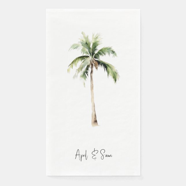 Watercolor Tropical Palm Script Names Wedding Napkin (Front)