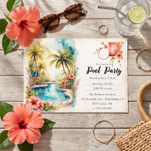 Watercolor Tropical Palm Tree Hibiscus Pool Party Invitation