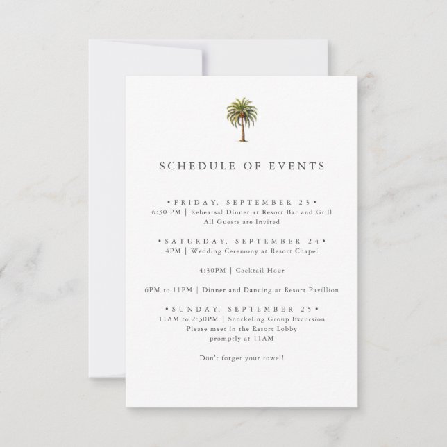 Watercolor tropical palm tree SCHEDULE OF EVENTS Invitation (Front)