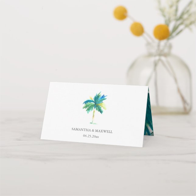 Watercolor Tropical Palm Tree Wedding Place Card (Back)