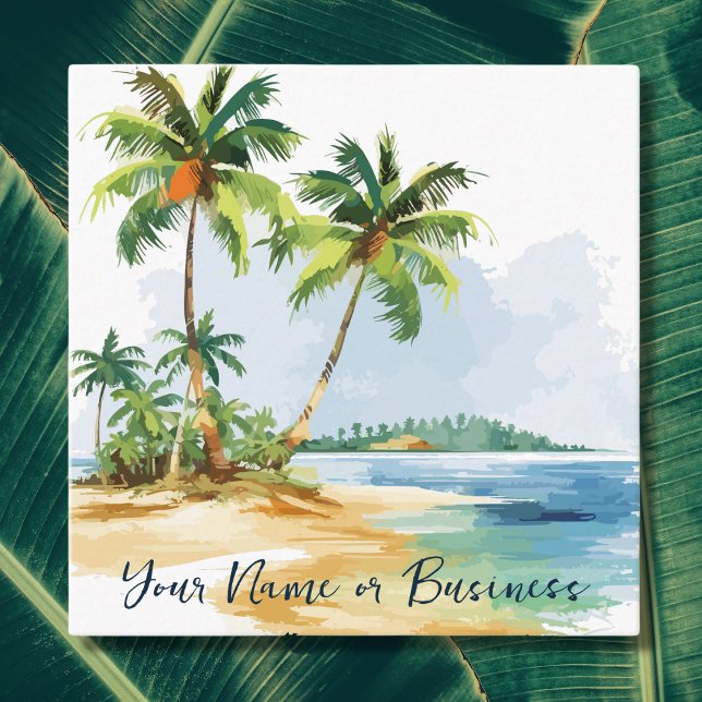 Watercolor Tropical Palm Trees Beach Square Business Card (Front - Watercolor Tropical Palm Trees Beach Square Business Card)