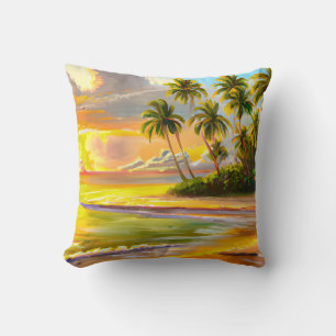 Watercolor Tropical Palm Trees Beach Sunset  Cushion
