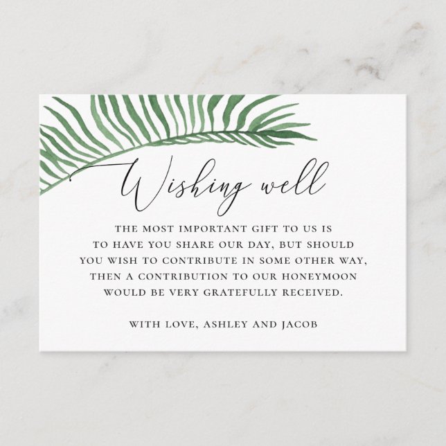 Watercolor tropical palm wedding wishing well enclosure card (Front)