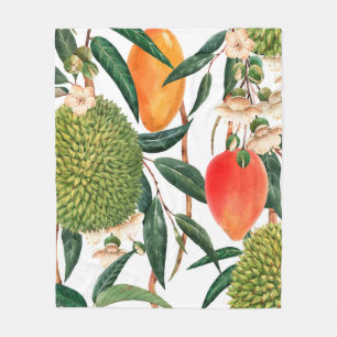 Watercolor tropical pattern, durian fruit, mango o fleece blanket