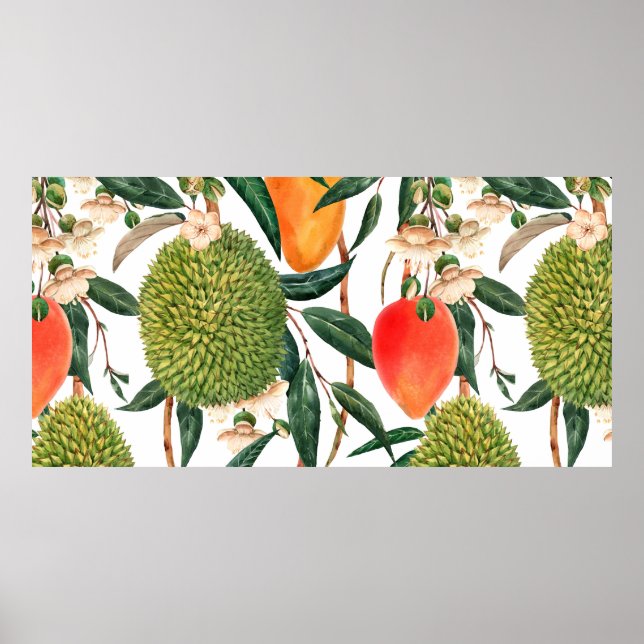 Watercolor tropical pattern, durian fruit, mango o poster (Front)