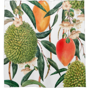 Watercolor tropical pattern, durian fruit, mango o shower curtain