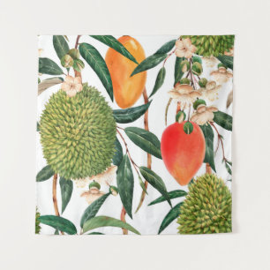Watercolor tropical pattern, durian fruit, mango o tapestry
