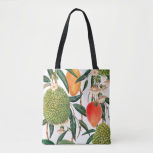 Watercolor tropical pattern, durian fruit, mango o tote bag
