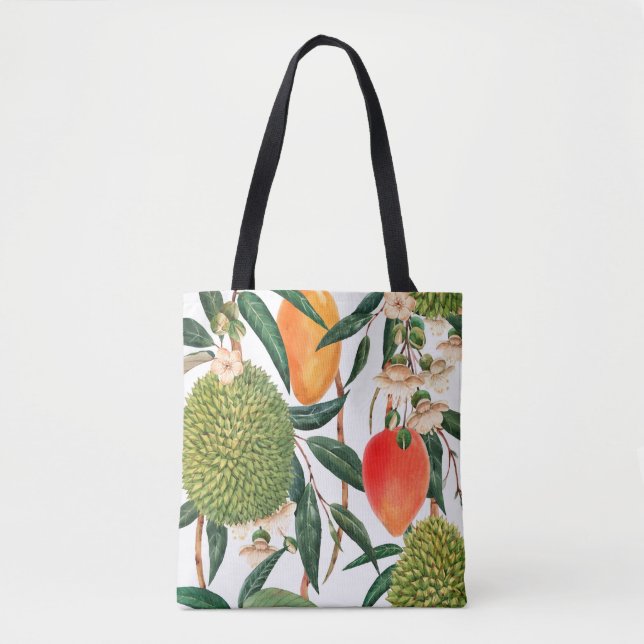 Watercolor tropical pattern, durian fruit, mango o tote bag (Front)