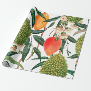 Watercolor tropical pattern, durian fruit, mango o wrapping paper