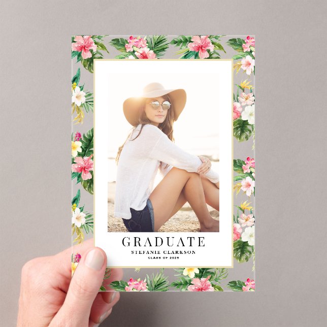 Watercolor Tropical Pattern Photo Graduation Acrylic Invitations (Insitu (Handheld))
