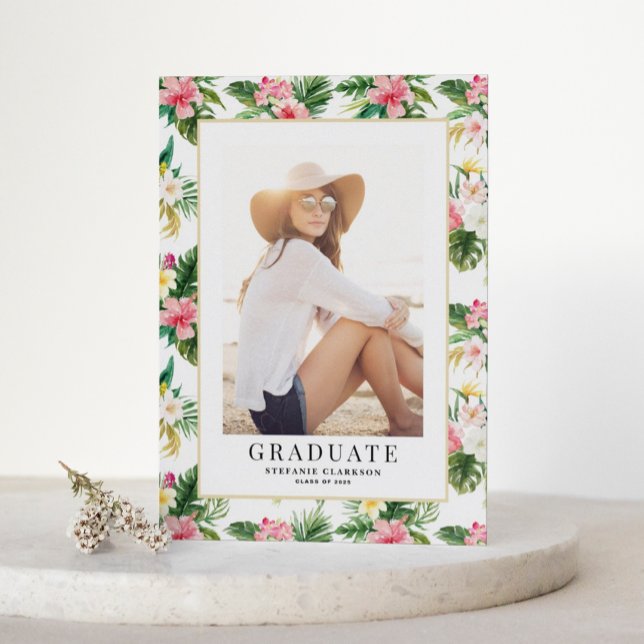 Watercolor Tropical Pattern Photo Graduation Announcement Postcard (Customizable photo graduation announcement postcard featuring watercolor tropical pattern)