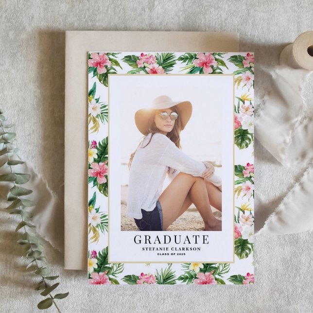 Watercolor Tropical Pattern Photo Graduation Invitation (Customizable photo graduation invitation featuring watercolor tropical pattern)